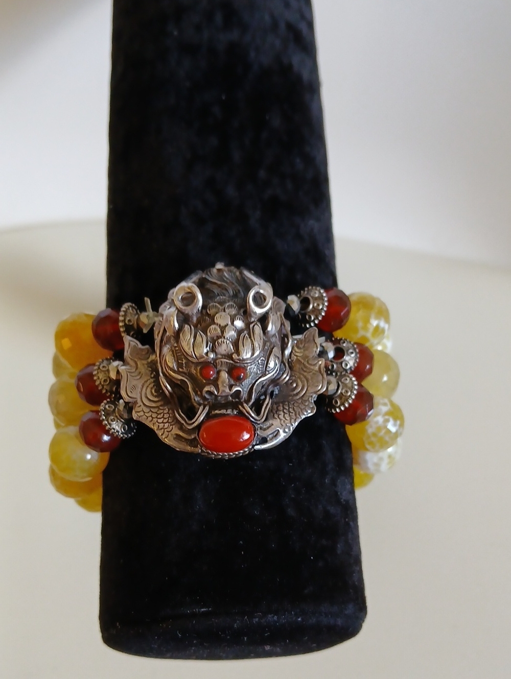 Silver Dragon Motif Yellow and Red Beaded Bracelet Nwt